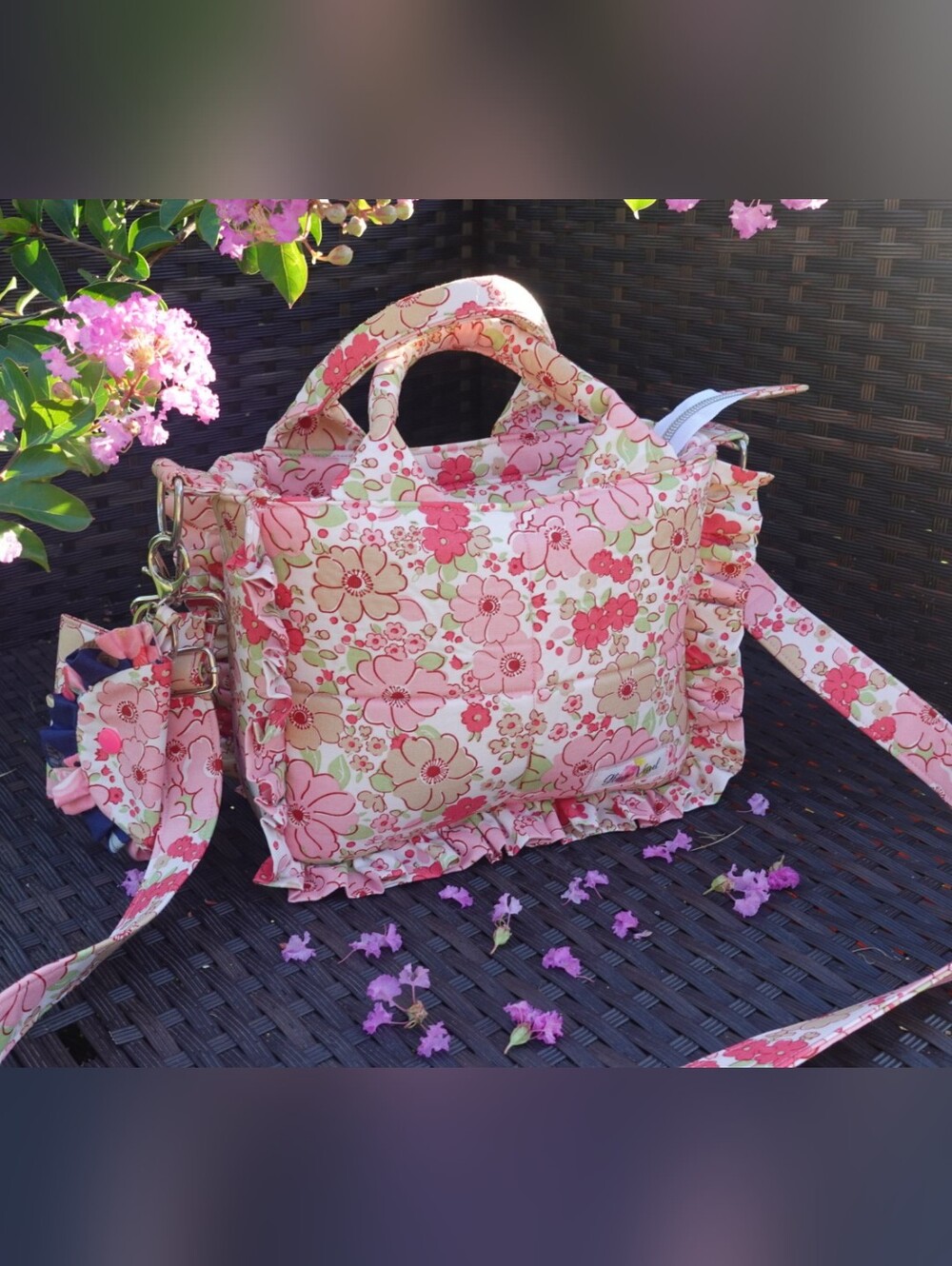 Amélie Floral Pink Ruffle Trim Quilted Tote